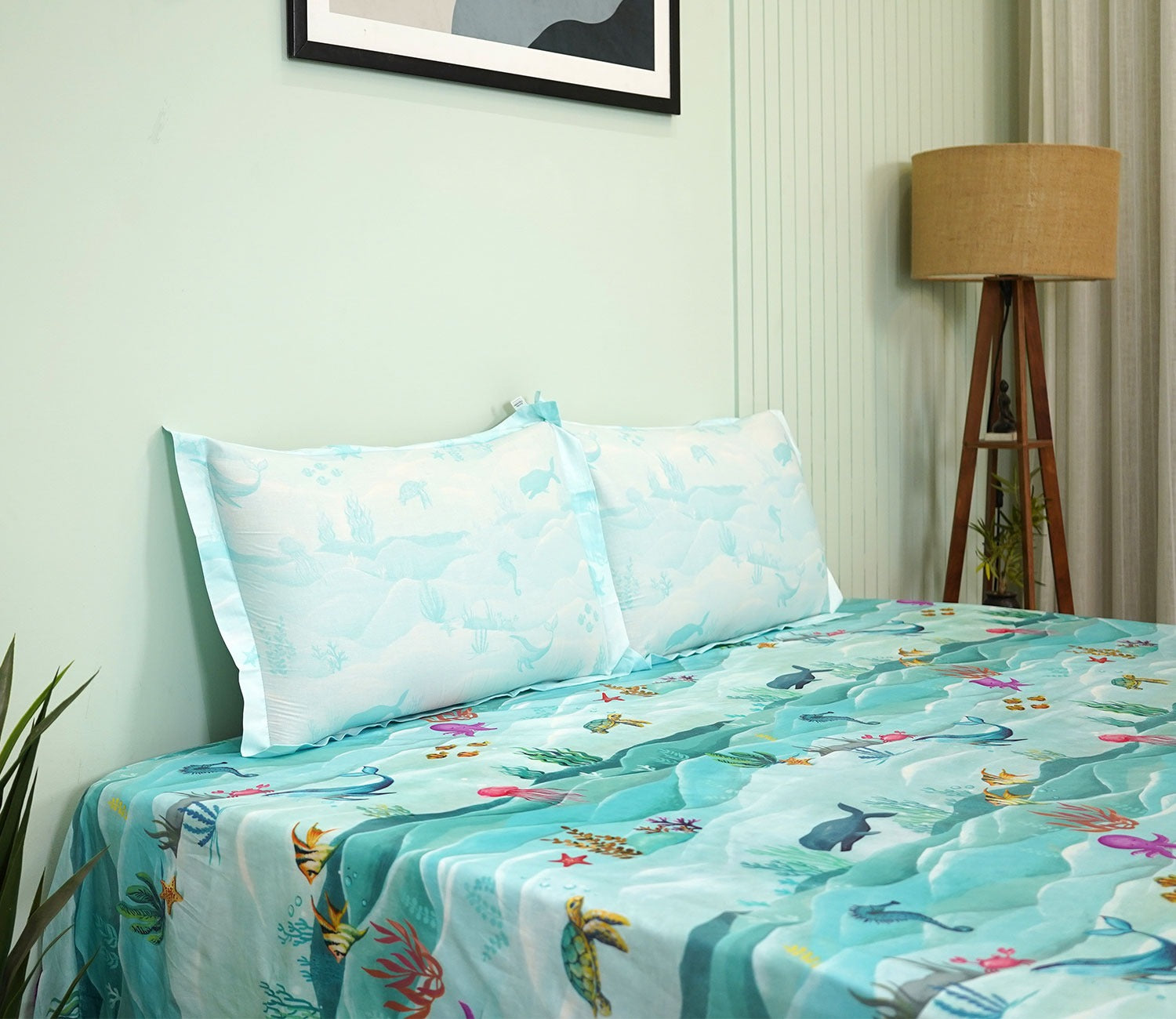 Seashore Flat Cotton Kids Bed Sheet King Size with 2 Pillow Covers