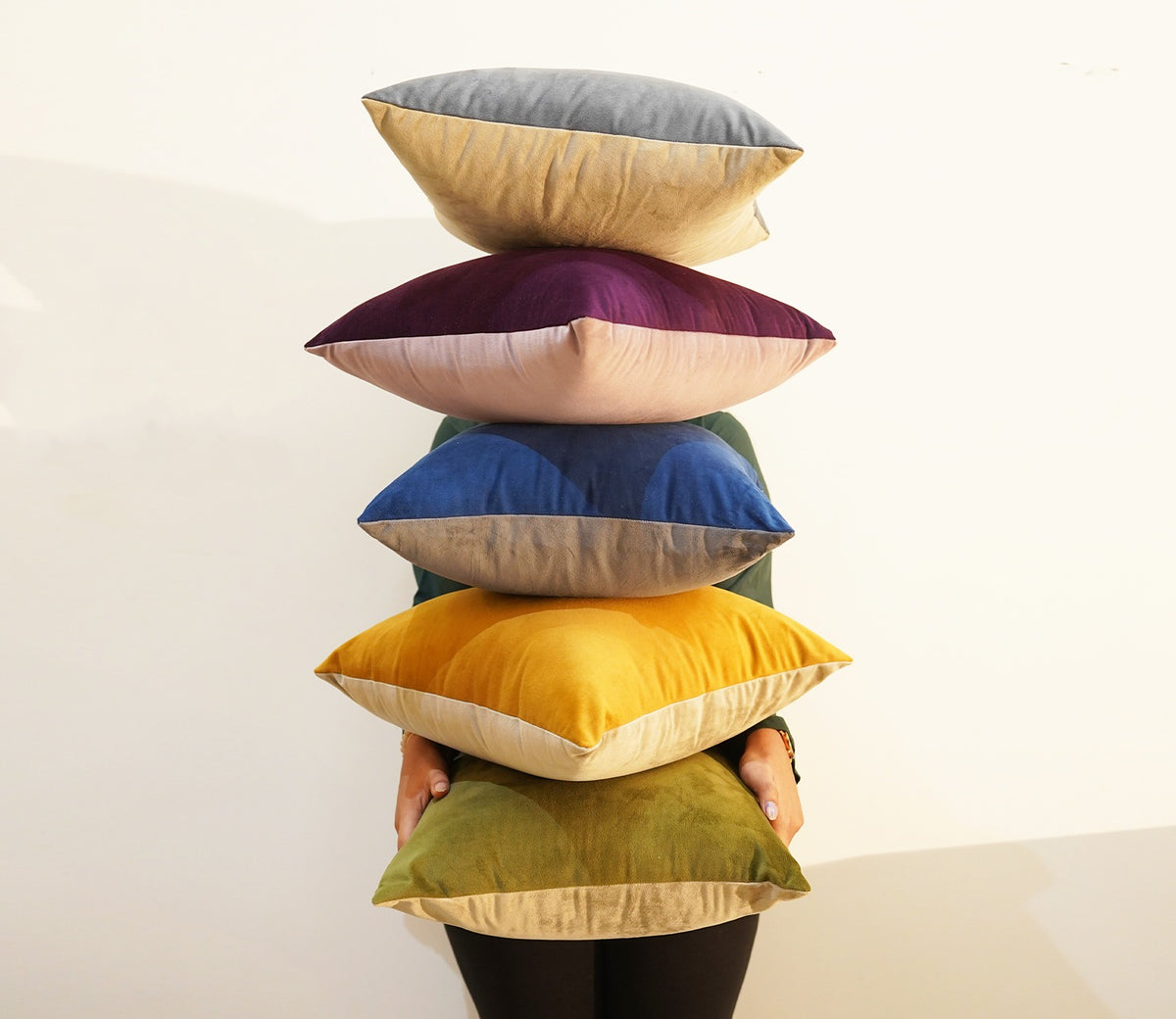 Duet Two Color Velvet Cushion Covers - Pack of 5 (16 x 16 Inch, Multi Color)