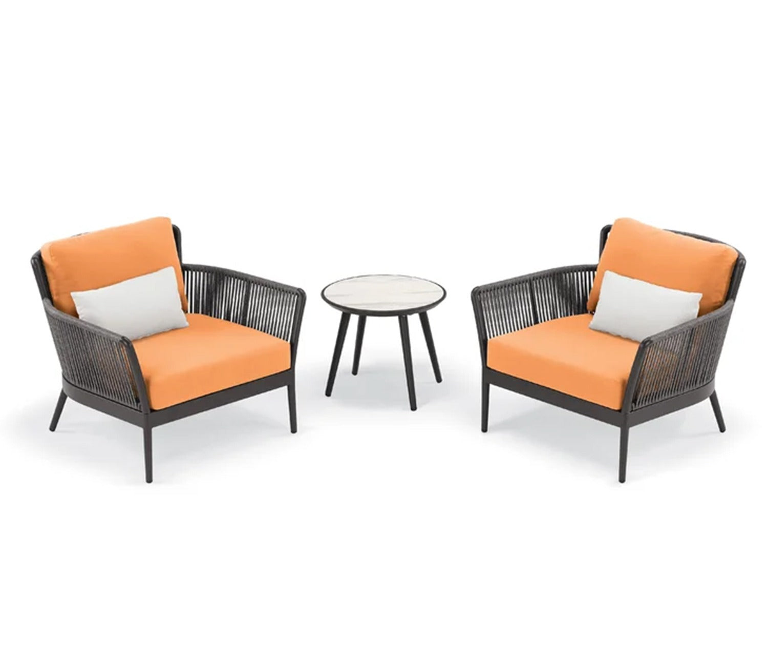 Grey Rope 2 Seater Chair With Table And Orange Cushions Balcony Set