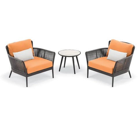 Grey Rope 2 Seater Chair With Table And Orange Cushions Balcony Set