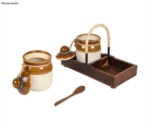 Brown Colour Cane Emblished Wooden Tray With Barni Set