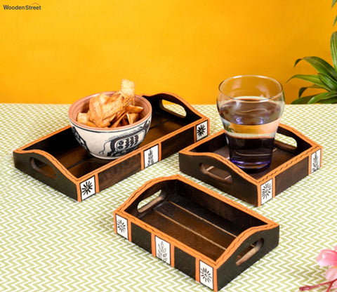 Natural Brown Handcrafted Tribal Art Serving Trays - Set of 3