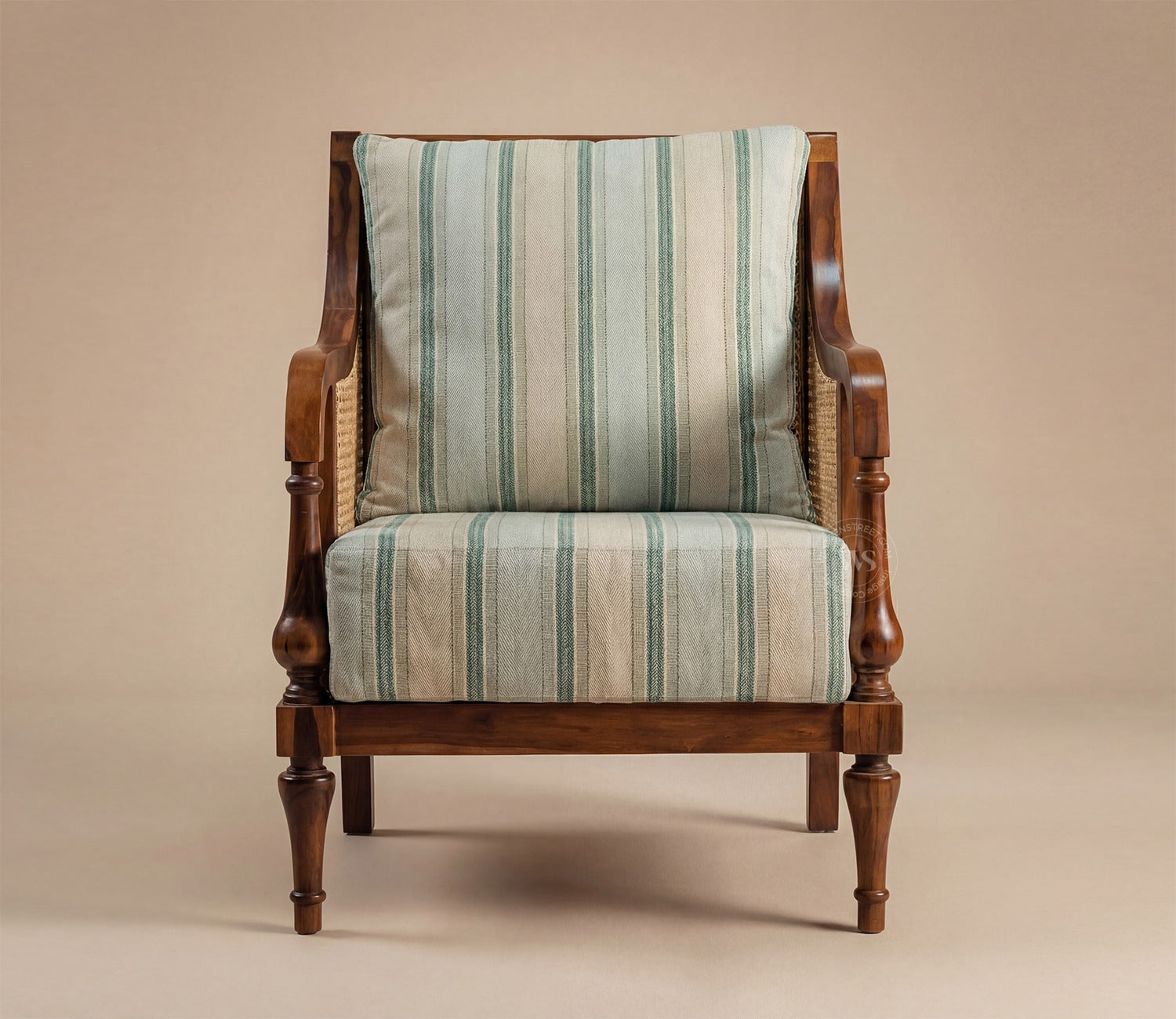 Eterna Sheesham Wood Lounge Chair With Premium Upholstery & Cane Detailing (Teak Finish)