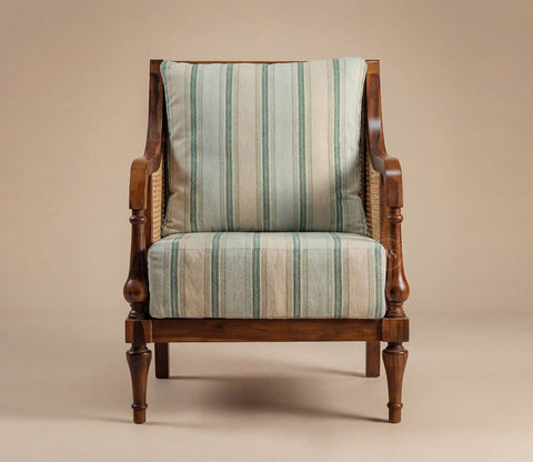 Eterna Sheesham Wood Lounge Chair With Premium Upholstery & Cane Detailing (Teak Finish)