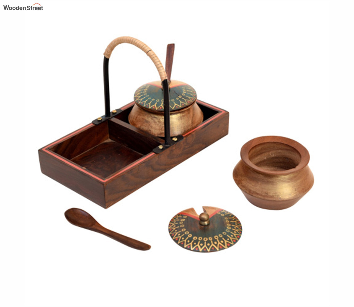 Brown Wooden Handi Set With Stylish Metal Handle Tray