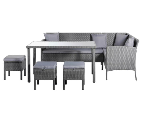 Grey Rattan And Wicker 8 Seater Patio Set With Table And Grey Cushions
