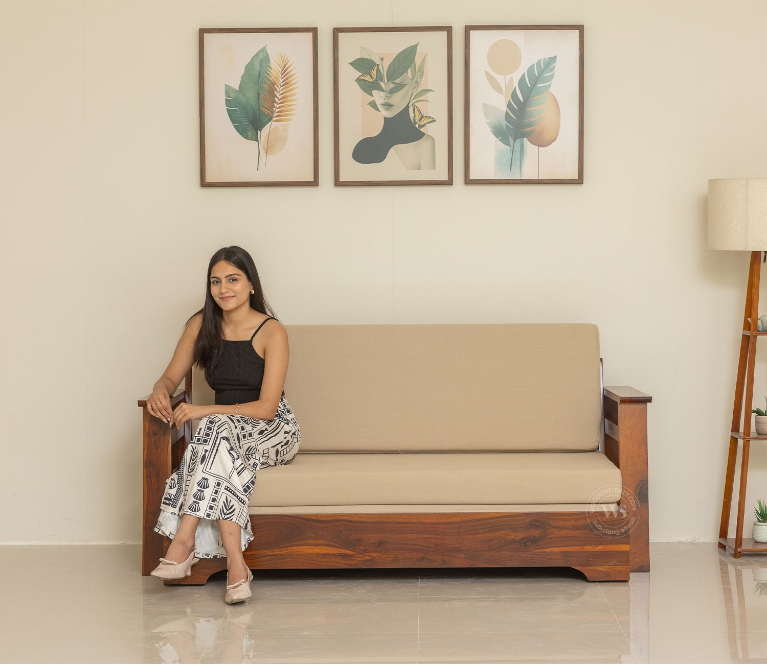 Della Sheesham Wood Sofa Cum Bed With Armrests (Honey Irish Cream)