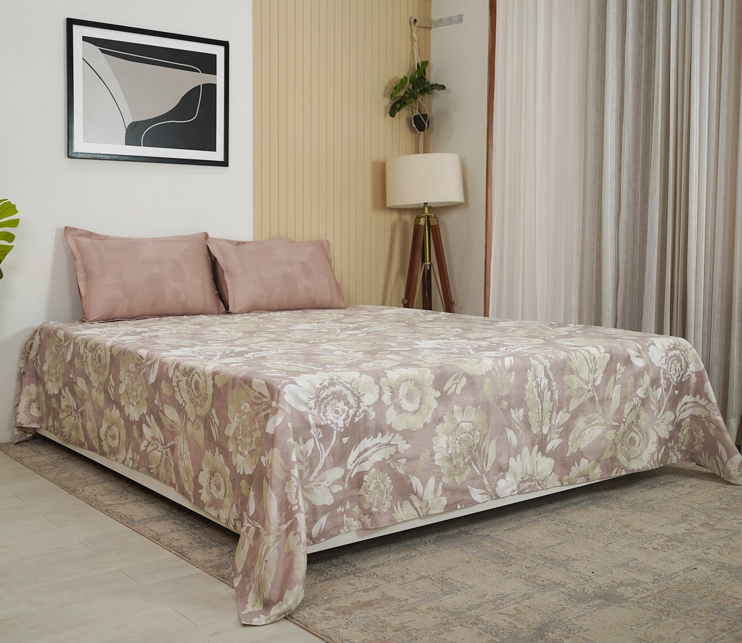 Camellia 300 TC Flat Pure Cotton King Size Bedsheet With 2 Pillow Covers (Pink)