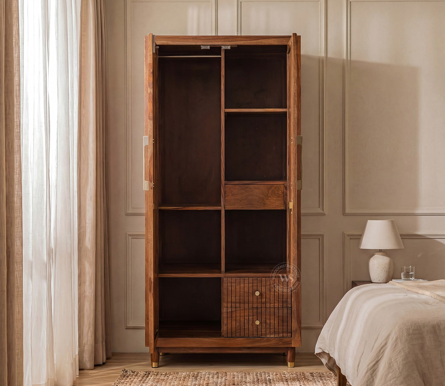 Rida Sheesham Wood Wardrobe with Elegant Cane Detailing and Mirror (Teak Finish)