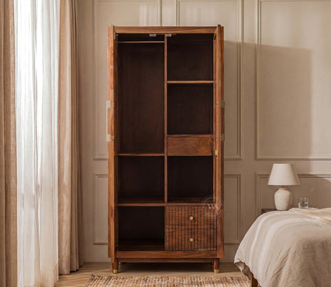 Rida Sheesham Wood Wardrobe with Elegant Cane Detailing and Mirror (Teak Finish)