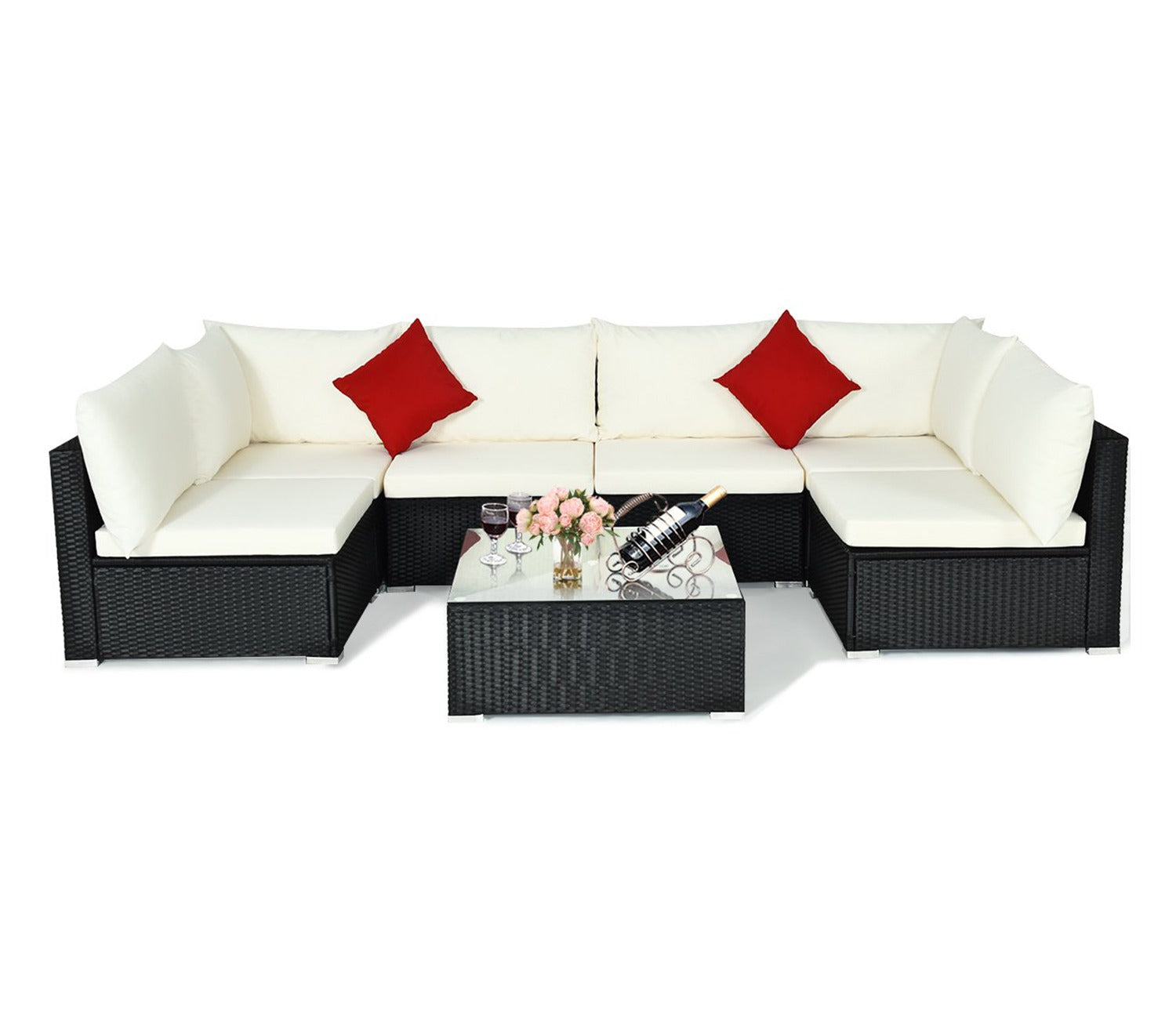 Black Rattan And Wicker 6 Seater Sofa Set With Table And White Cushions