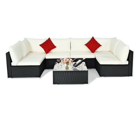 Black Rattan And Wicker 6 Seater Sofa Set With Table And White Cushions