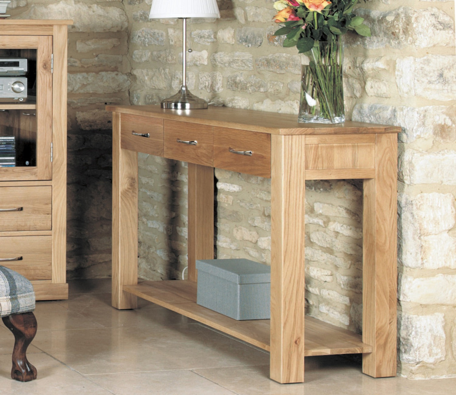 3 Drawer Teak Finish Wooden Console Table