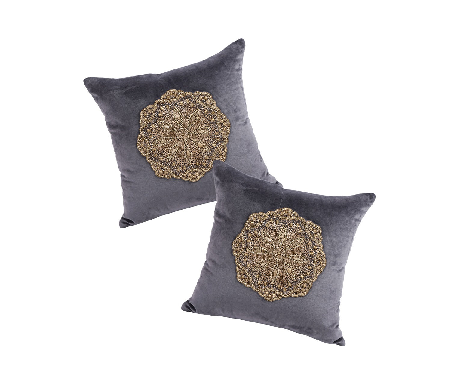 Beaded Velvet Cushion Covers - Set of 2 (Grey, 18 x 18 inch)