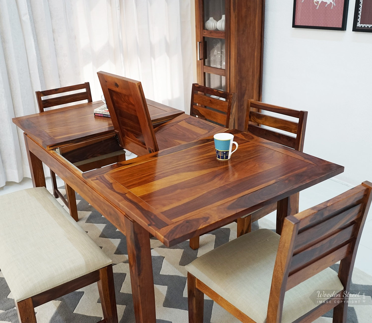 Advin 6 Seater Folding Dining Table Set With Tim Extendable Table, Zampa Chairs and Advin Bench (Honey Finish)