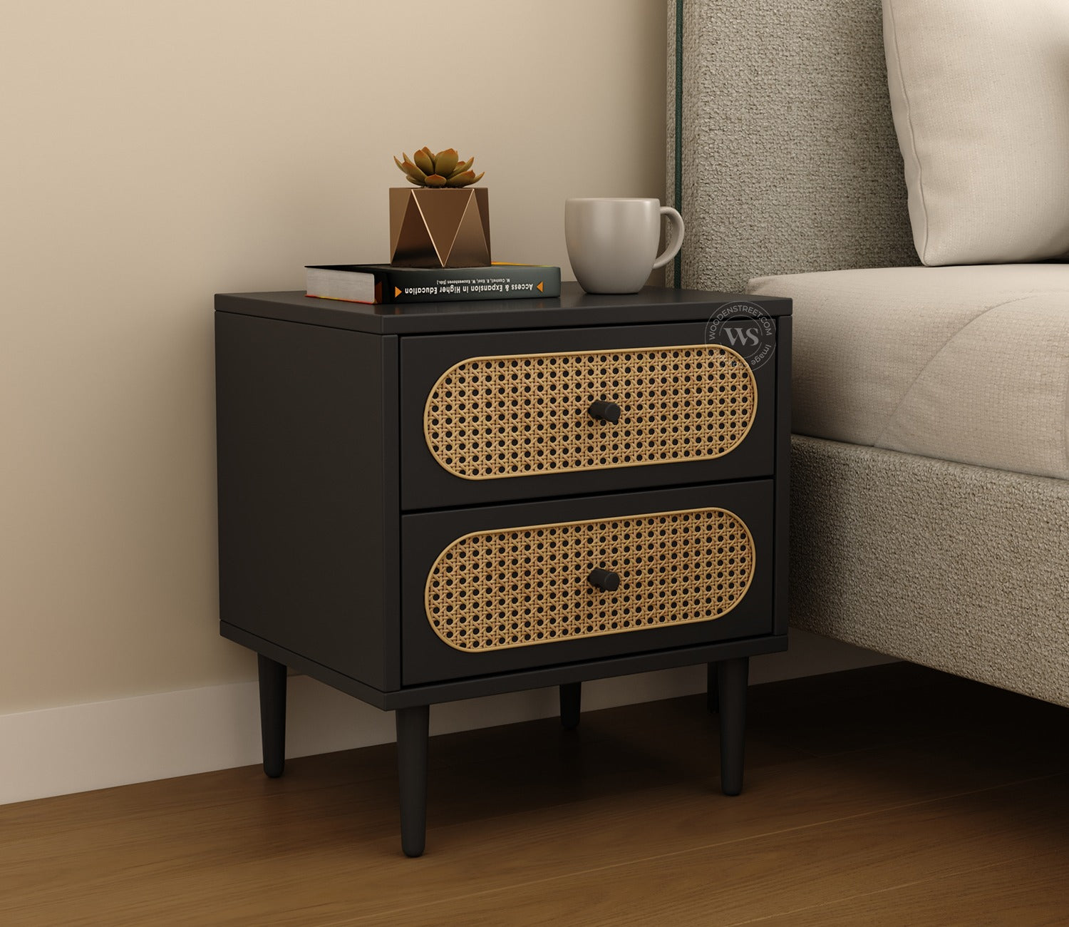 Andreas Premium Mango Wood Bedside Table with Cane Drawers (Black Finish)