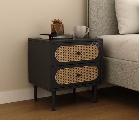 Andreas Premium Mango Wood Bedside Table with Cane Drawers (Black Finish)