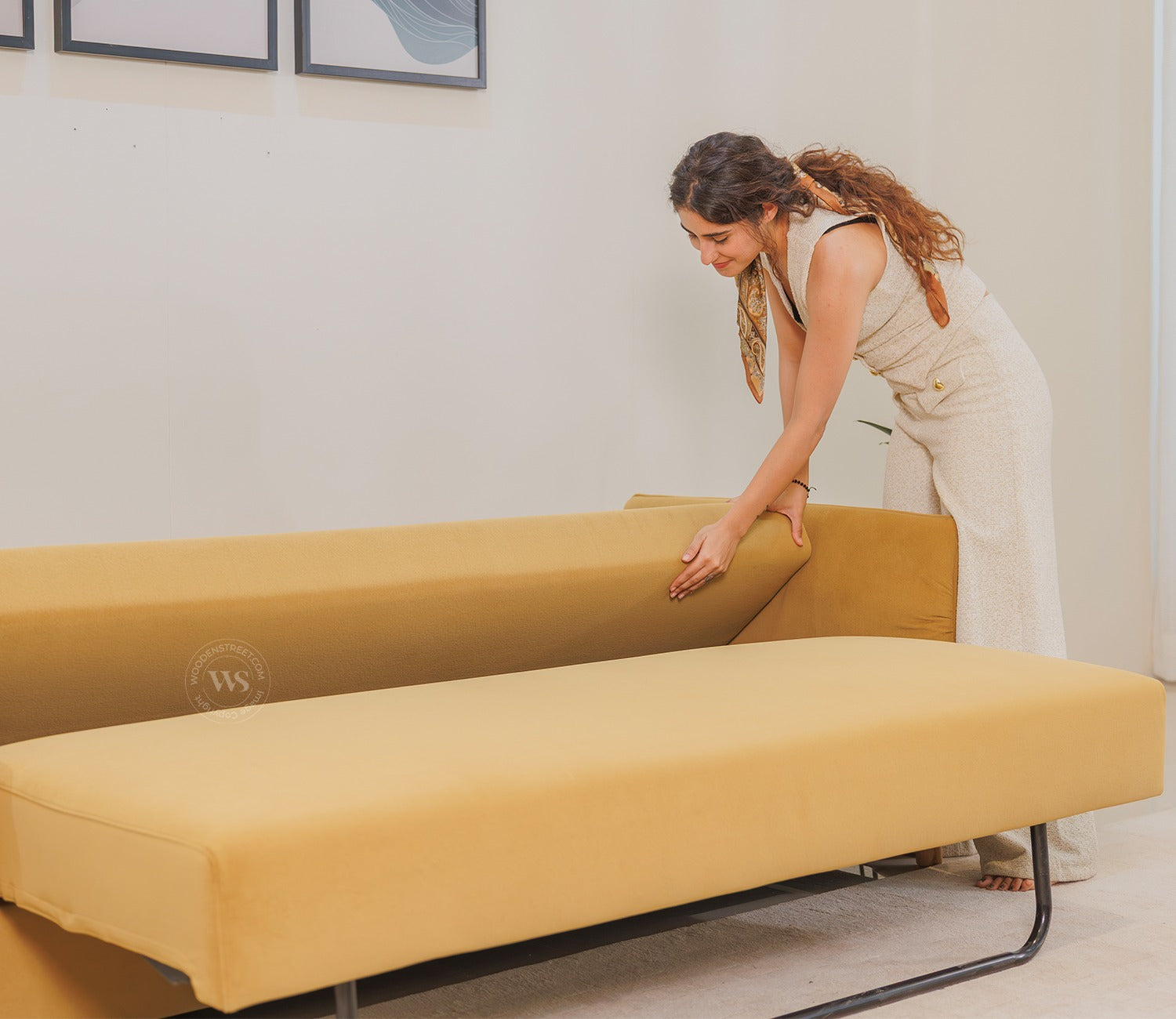Saffra 3-Seater Sofa Cum Bed | Fold-Out Mechanism | Under-Seat Storage | Fabric Upholstery (Mustard)
