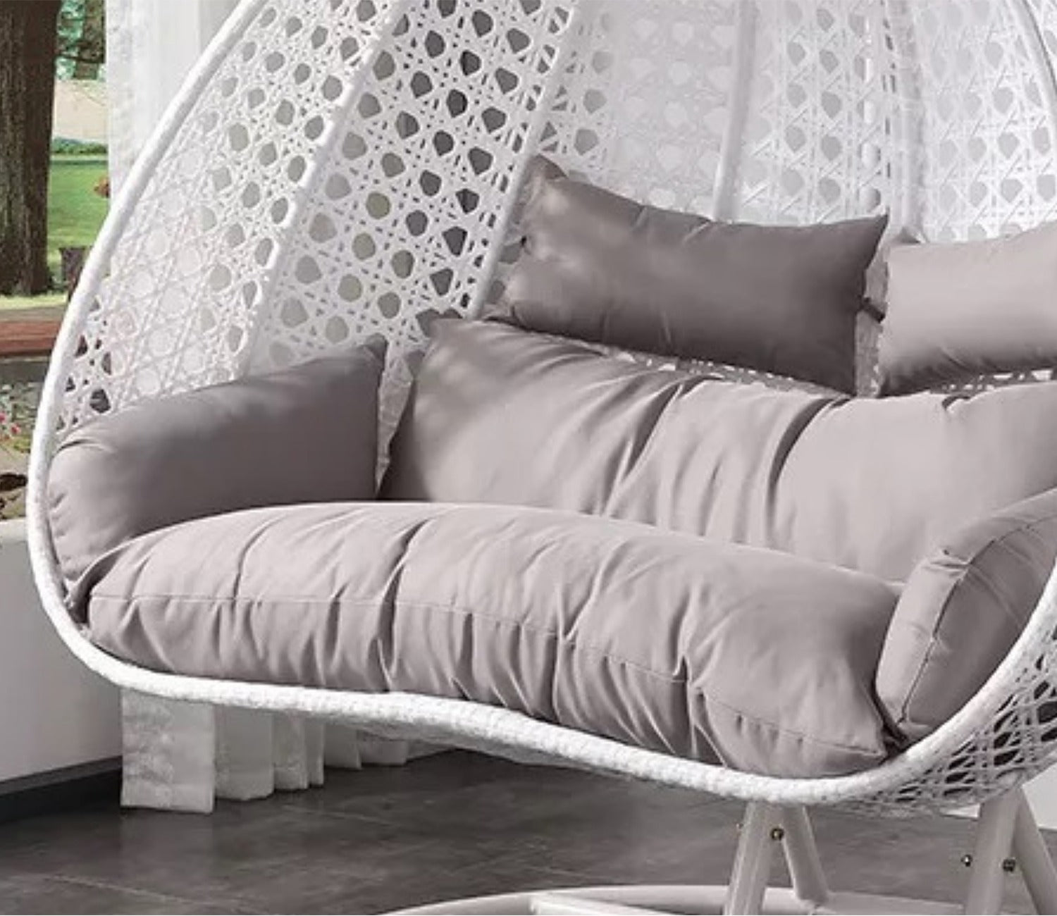 White Metal Swing Chair with Grey Cushion