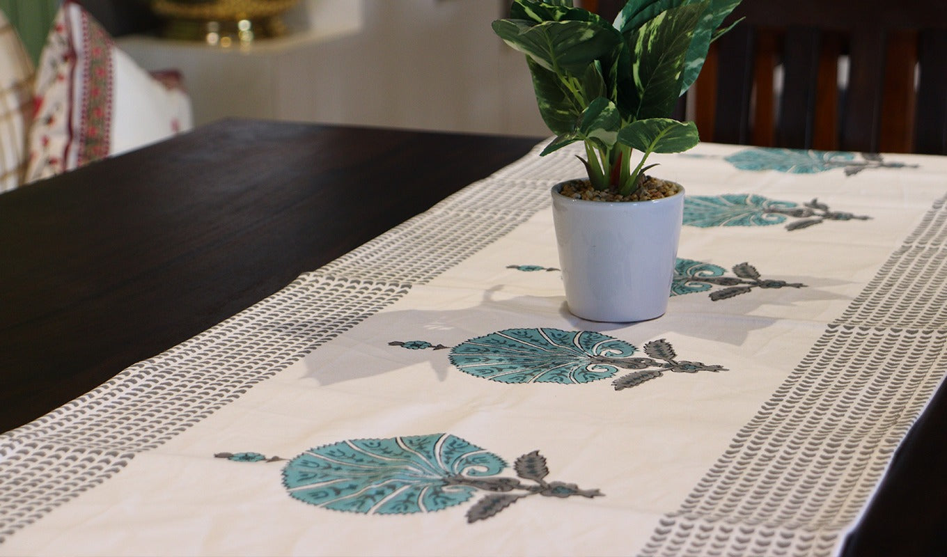 Garden Fresh Black and Green Hand Block Print Table Runner - 16 x 50
