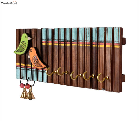 Handcrafted Tribal Art Wooden Stripes And Birds Key Holder - 4 Keys