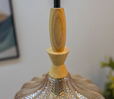 Ellyse Textured Glass Pendant Light with Wooden Top Accent (Bronze)