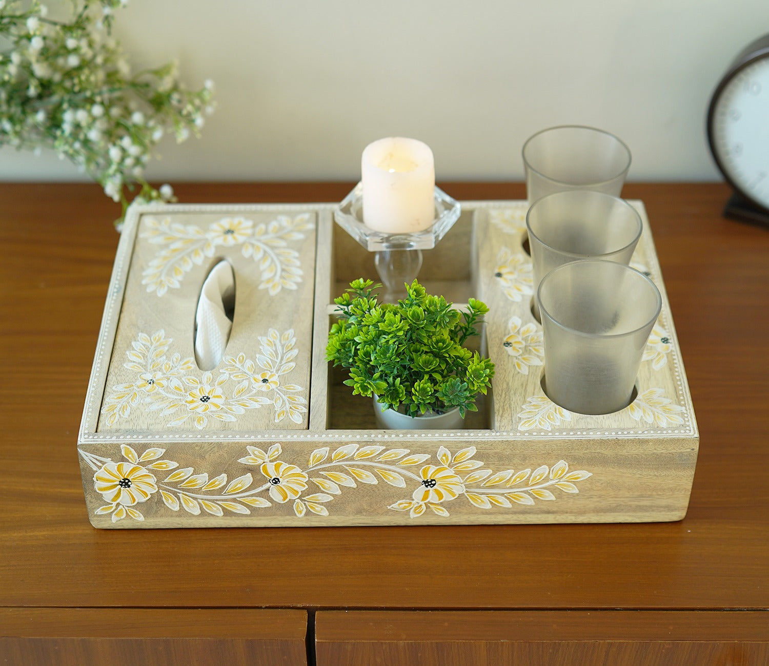 Adiva Floral Hand Painted Multistorage Wooden Tray