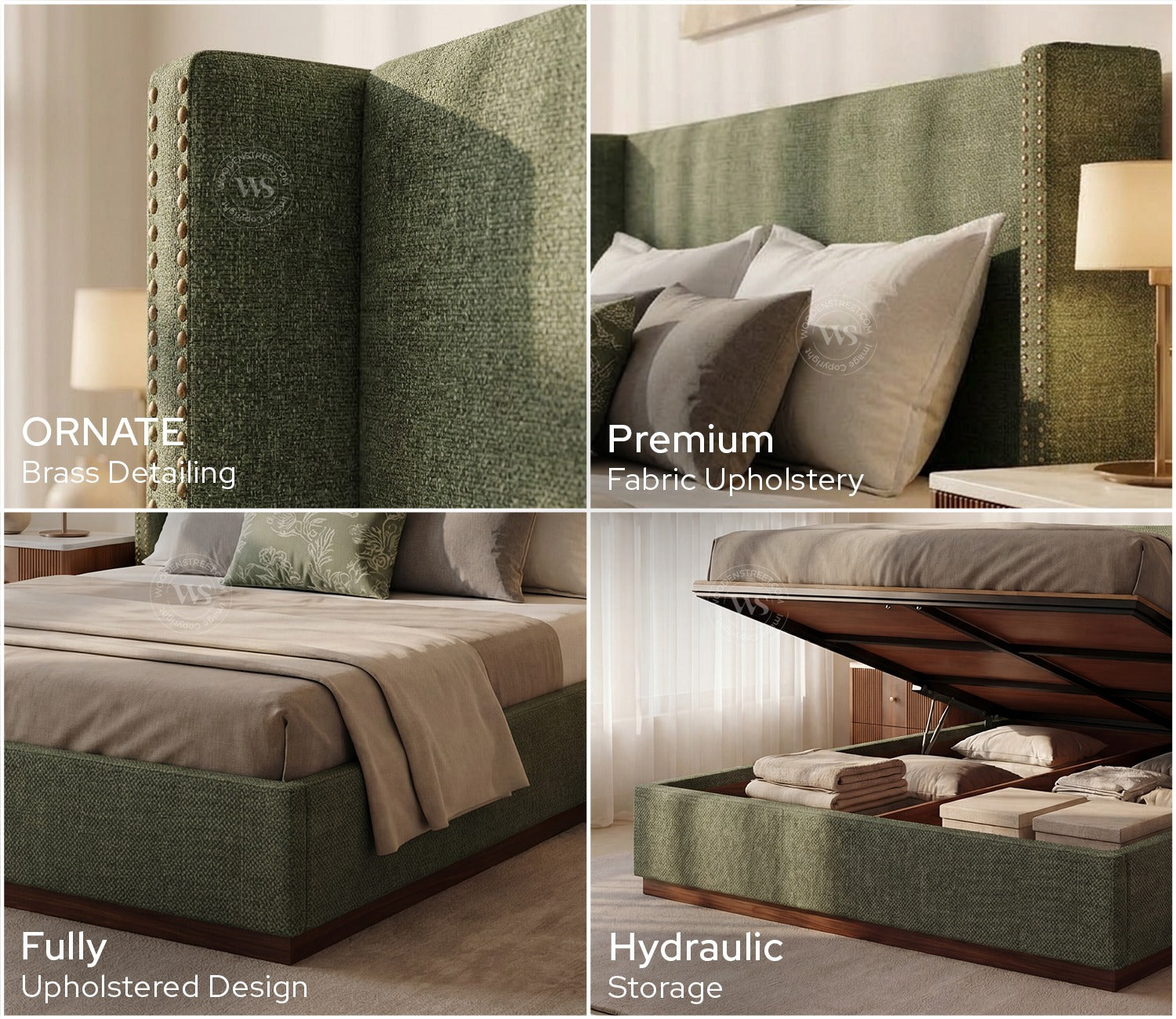 Kesarth Luxe Upholstered Hydraulic Storage Bed with High-Rise Headboard (Queen Size, Sage Green)