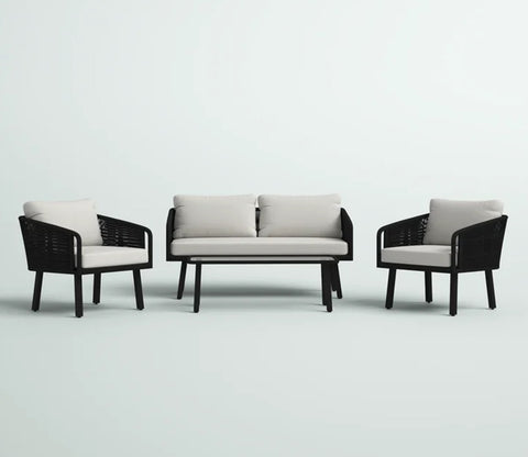 Black Rope 4 Seater With Table And Off-White Cushions Patio Set