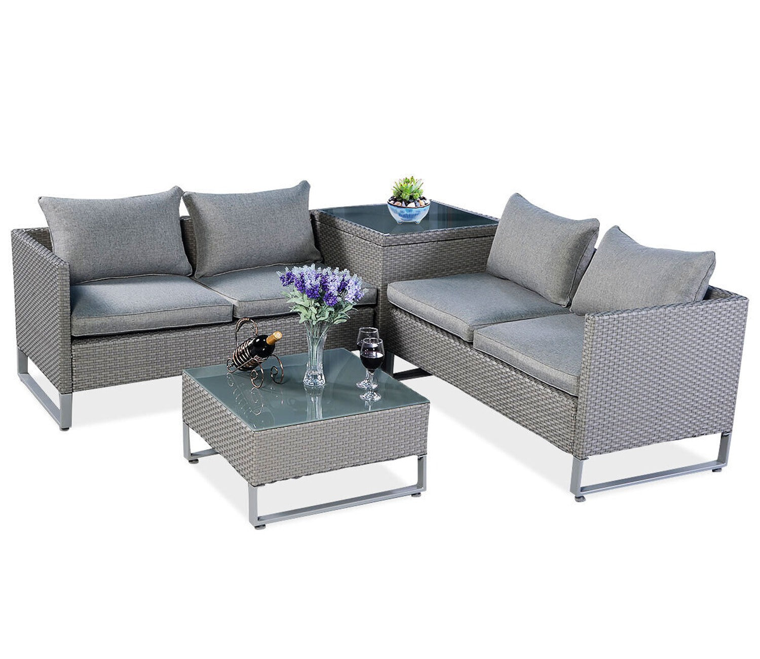 Grey Color Rattan And Wicker 4 Seater Patio Set With table And Grey Cushions