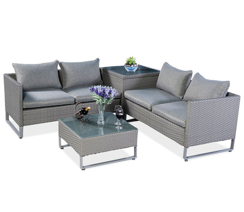 Grey Color Rattan And Wicker 4 Seater Patio Set With table And Grey Cushions