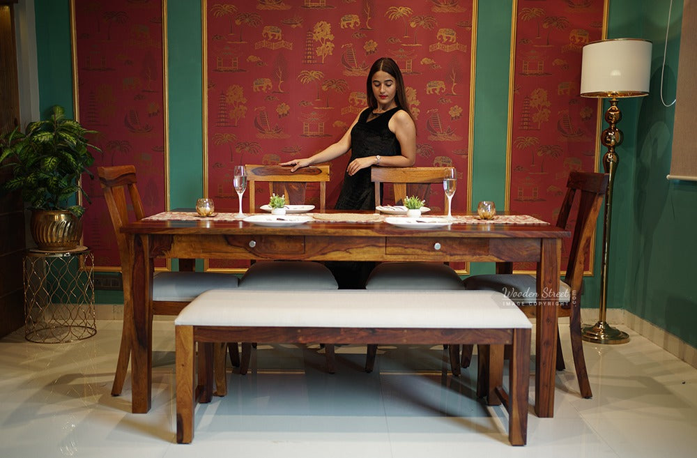 Mcbeth - Sofie Storage 6 Seater Dining Table Set With Mcbeth Bench (Honey Finish)