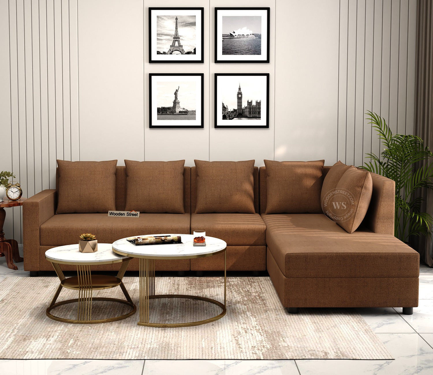 Sible 6 Seater Right Aligned Fabric  L Shape Sofa (Cotton, Mocha Brown)
