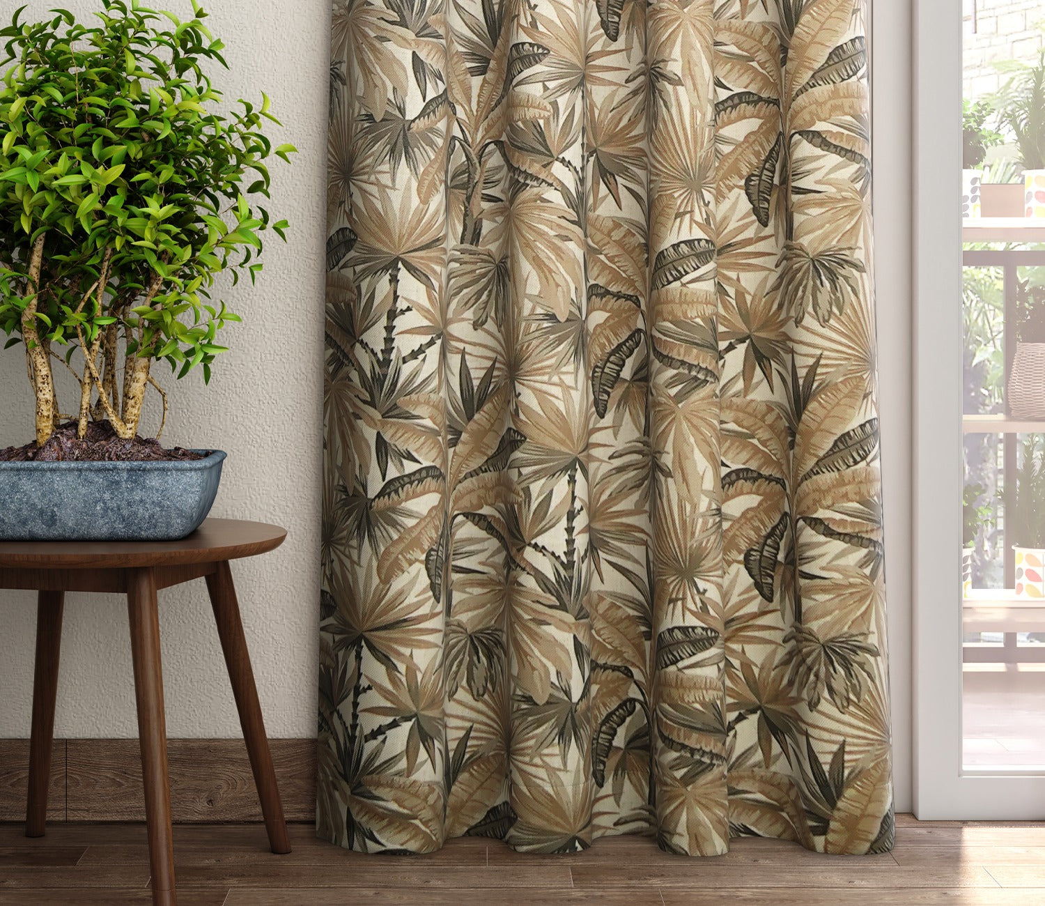 Palm Tree Light-Filtering Door Curtains Set of 2 (Grey, 7 Feet)