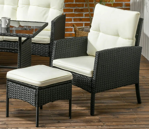 Black Rattan And Wicker Outdoor Sofa Set With Off White Cushions And Table