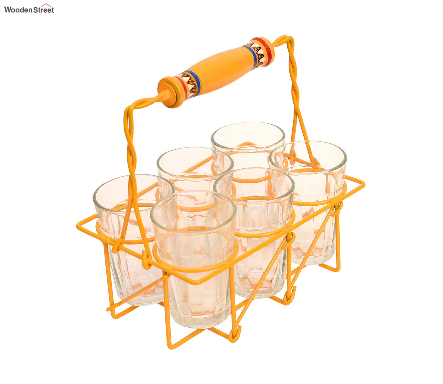 Cutting Chai in Yellow Handpainted Metal Stand - Set of 6
