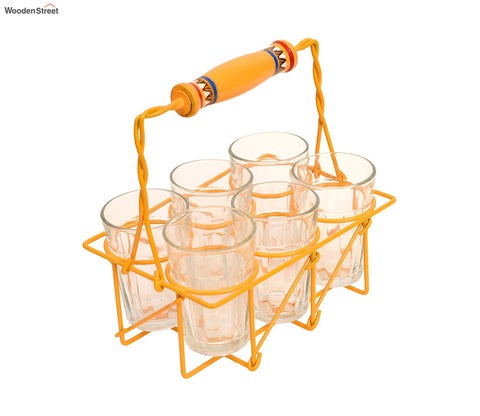 Cutting Chai in Yellow Handpainted Metal Stand - Set of 6