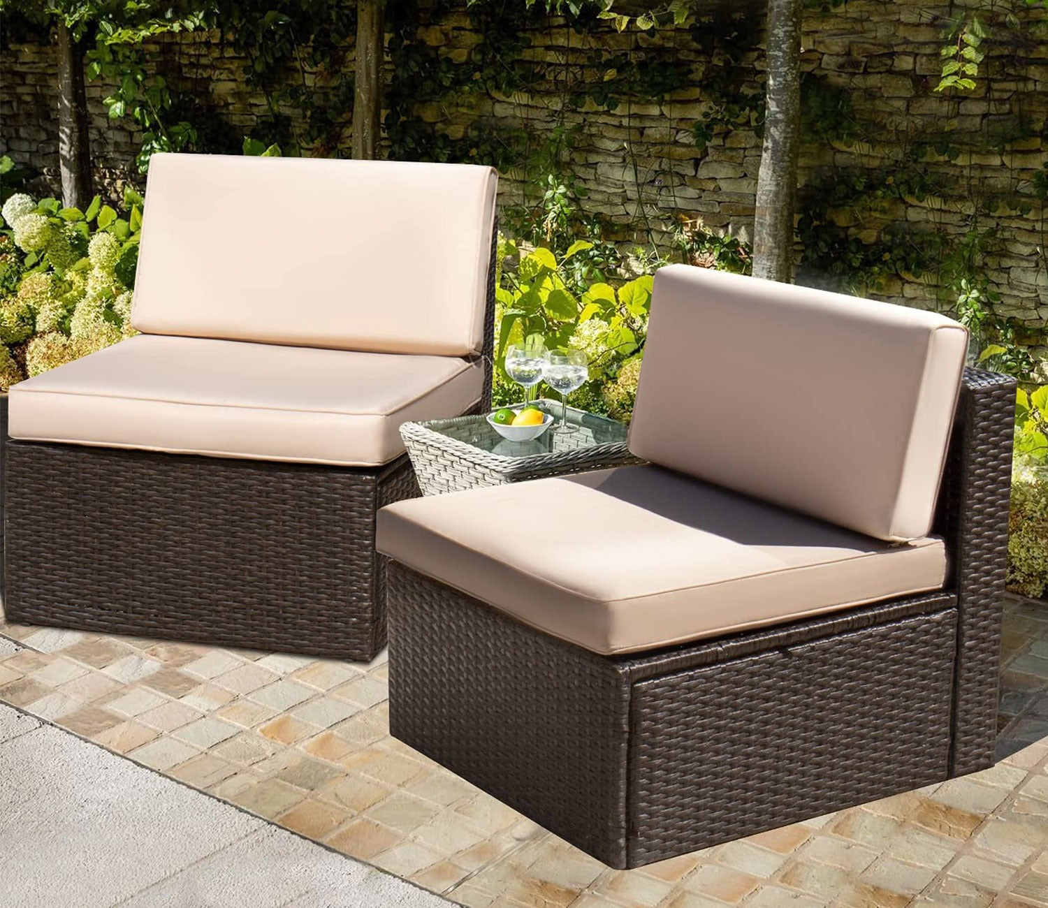 Dark Brown Rattan And Wicker Patio Sofa Cum Chair And Cream Cushions (Set Of 2)