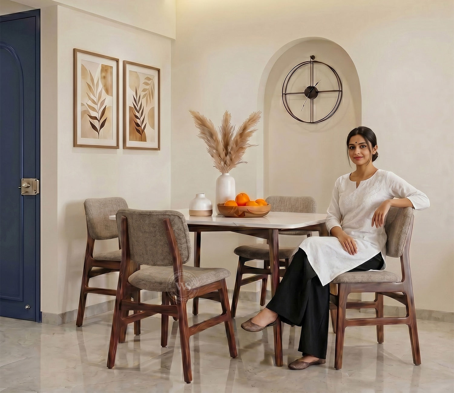 Vivara 4 Seater Dinining Set with Valence Quartz-Top Table and Vinara Upholstered Chair (Sand Brown)