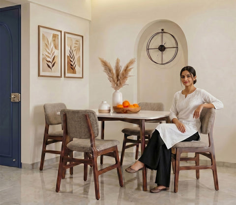 Vivara 4 Seater Dinining Set with Valence Quartz-Top Table and Vinara Upholstered Chair (Sand Brown)