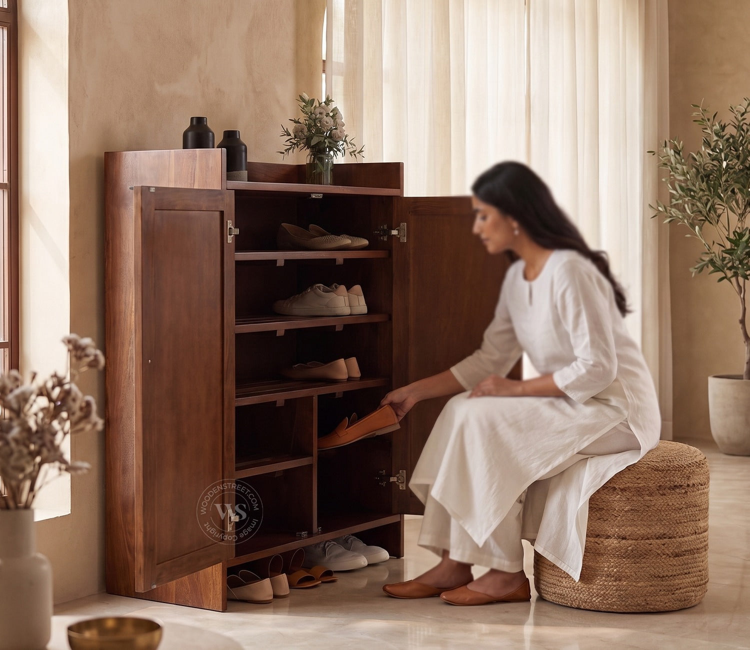 Vithiya Premium Solid Wood Shoe Rack With Cane Detailing (Mango Wood, Teak Finish)
