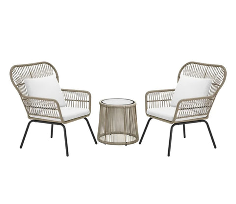Beige Rope 2 Seater Table With Chair And off-White Cushions Balcony Set