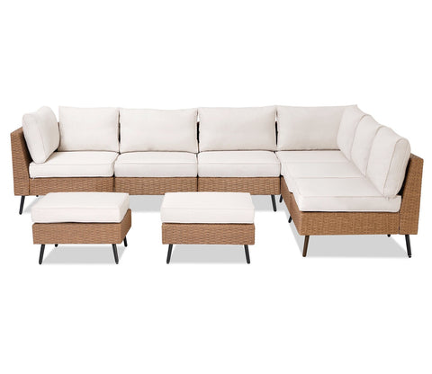 Beige Rattan And Wicker 8 Seater Patio Set With Off White Cushions