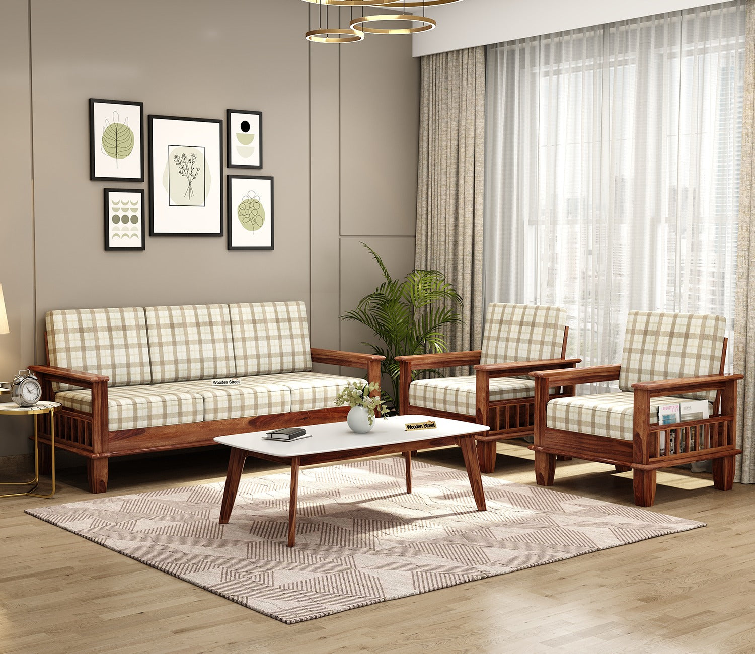 Quartz Printed Fabric Wooden Sofa Chair (Honey Cream Checkered)