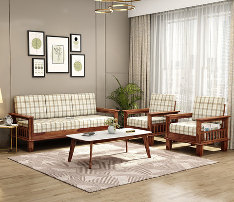 Quartz Printed Fabric Wooden Sofa Chair (Honey Cream Checkered)