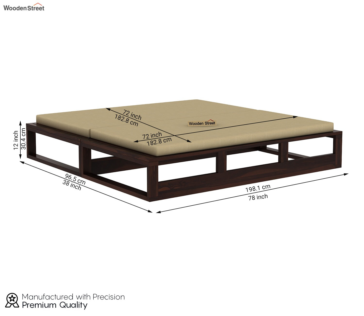 Bacon 3 Seater Divan Cum Bed with Mattress (King Size, Walnut Finish)