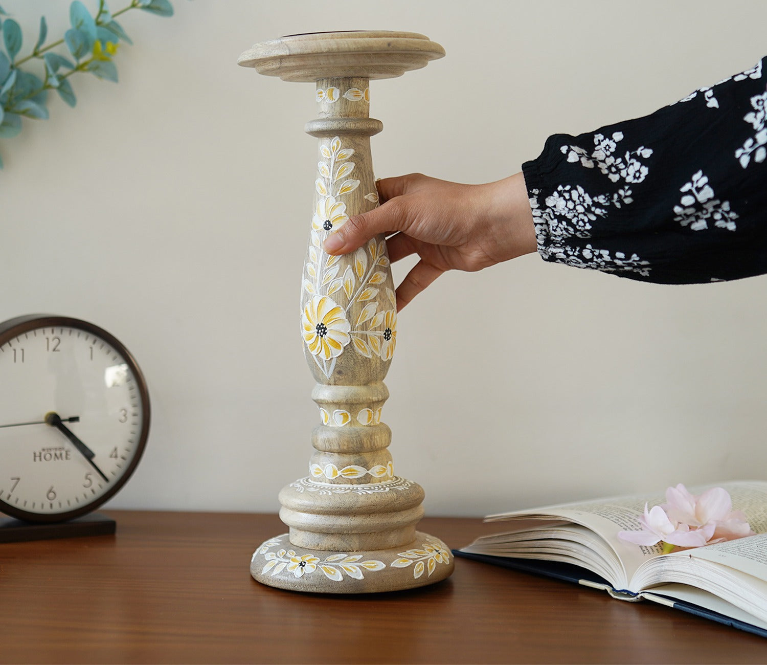 Adiva Floral Hand Painted Wooden Large Pillar Candle Stand