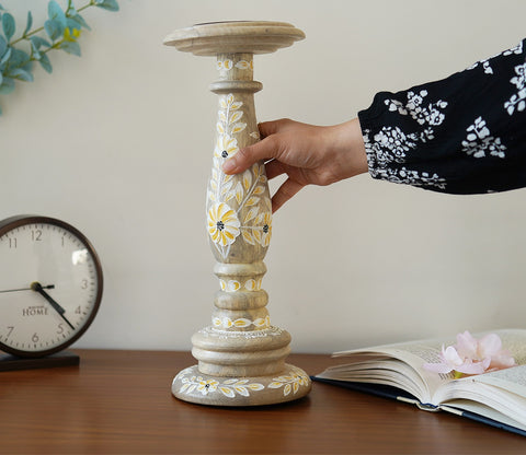 Adiva Floral Hand Painted Wooden Large Pillar Candle Stand