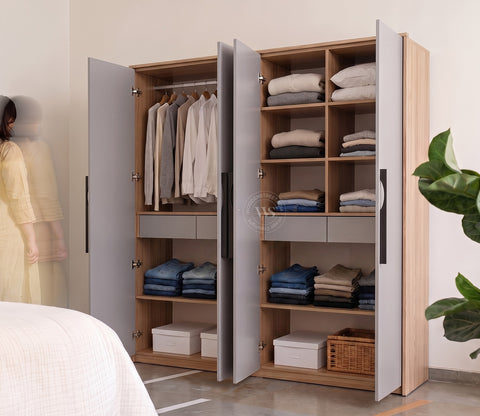 Vespera Engineered Wood Four Door Wardrobe (Gothic Grey, Classic Oak Finish)