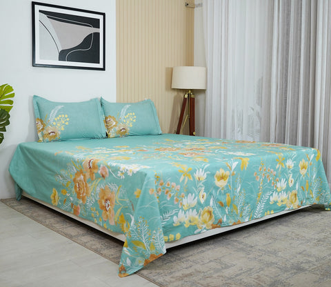 Marigold 144 TC Flat Pure Cotton King Size Bedsheet With 2 Pillow Covers (Blue)